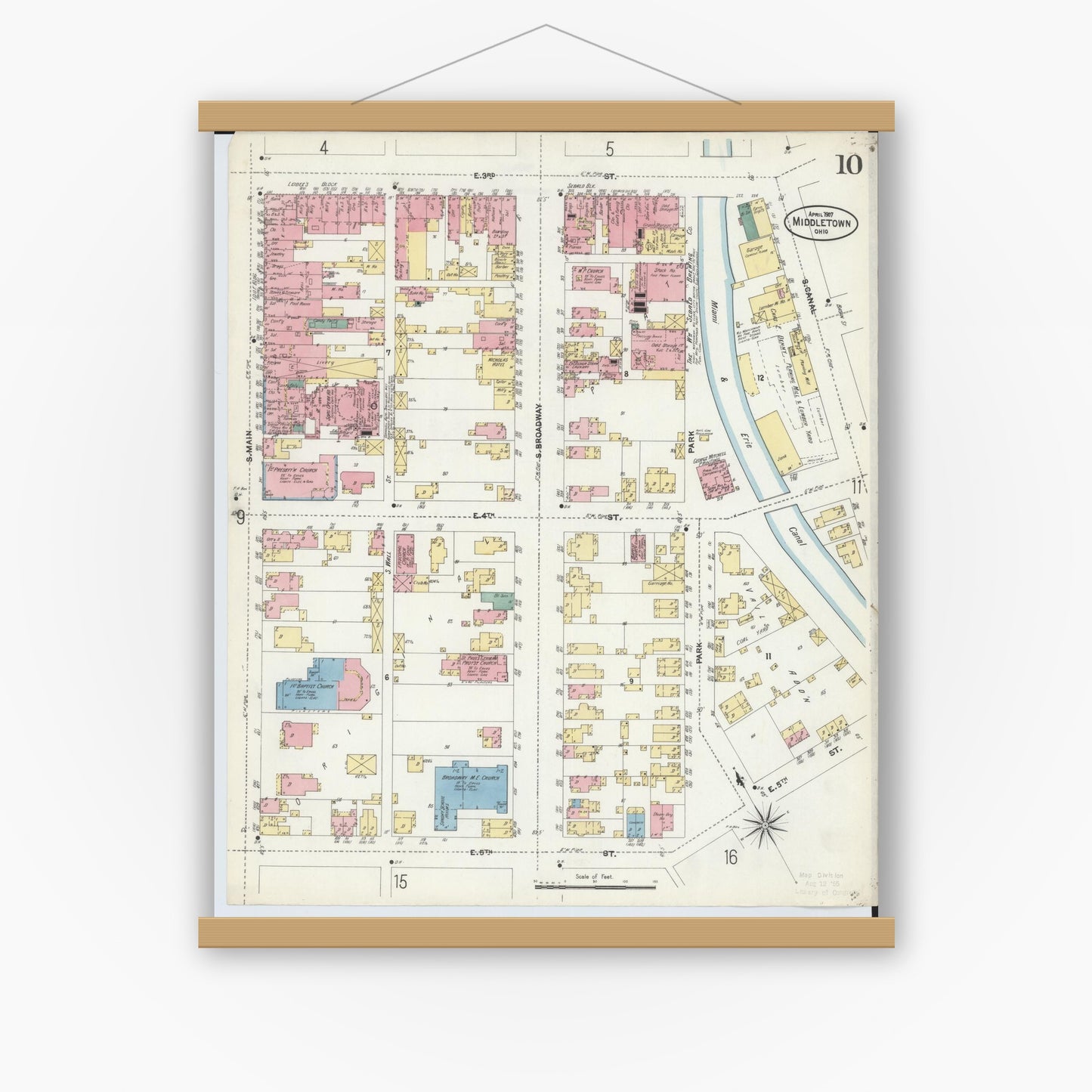 Old map wall art mockup — magnetic wood frame on white wall — Sanborn Fire Insurance Map from Middletown, Butler County, Ohio (1907), Sheet #0010