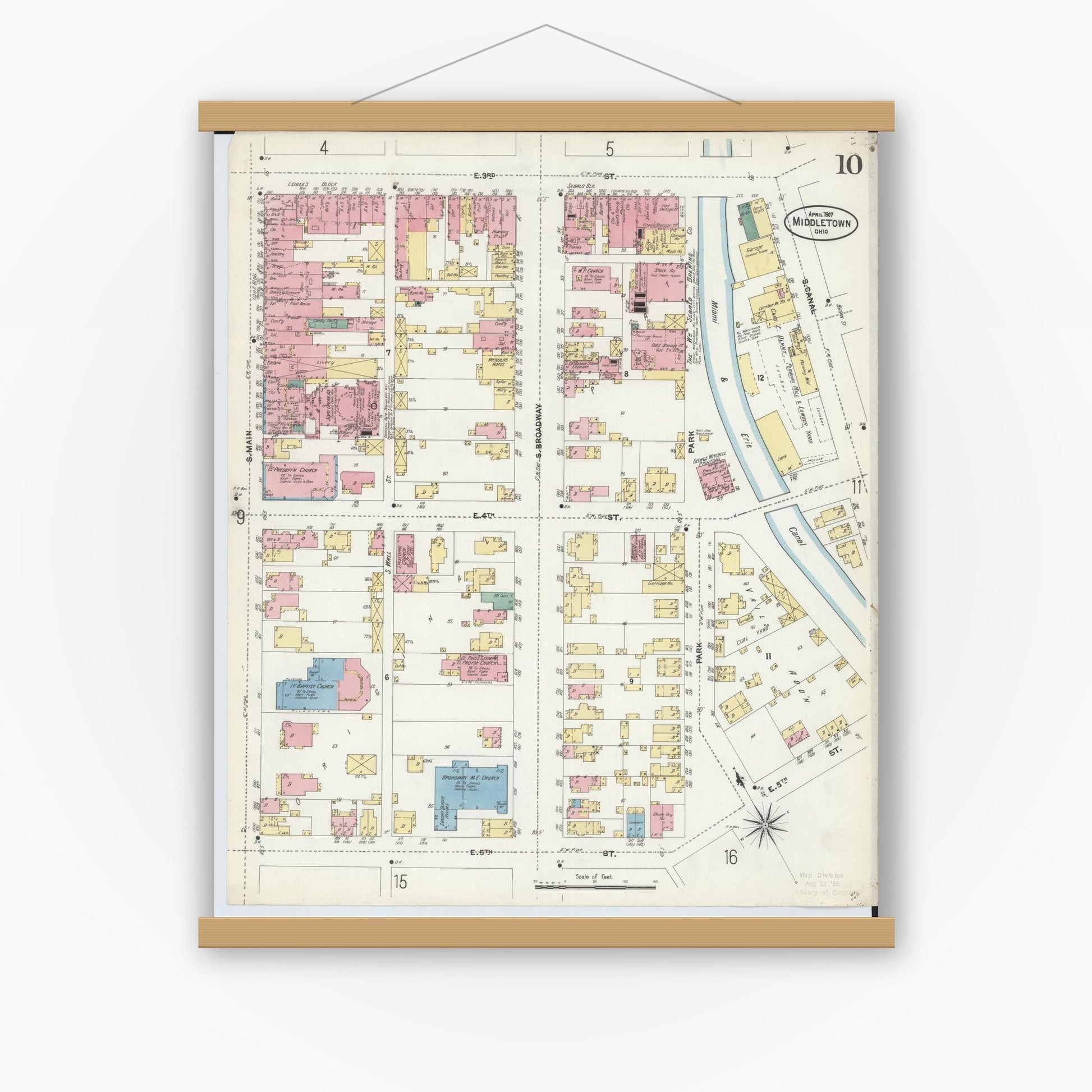 Old map wall art mockup — magnetic wood frame on white wall — Sanborn Fire Insurance Map from Middletown, Butler County, Ohio (1907), Sheet #0010