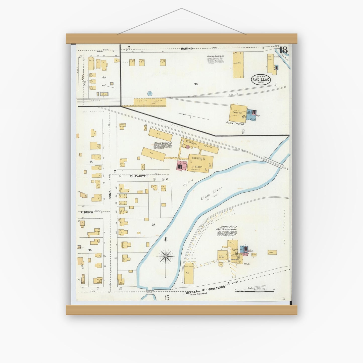 Old map wall art mockup — magnetic wood frame on white wall — Sanborn Fire Insurance Map from Cadillac, Wexford County, Michigan (1906), Sheet #0018