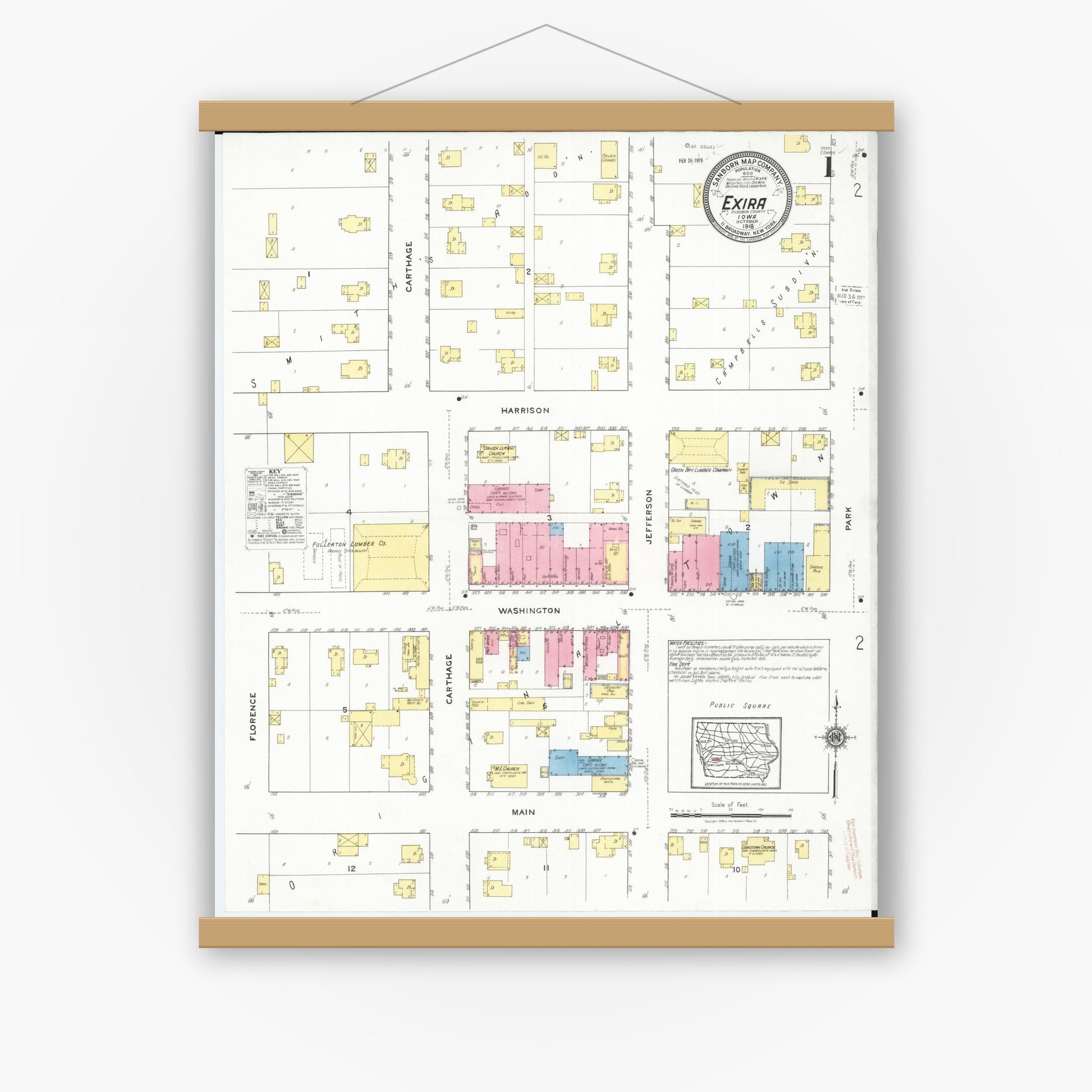 Old map wall art mockup — magnetic wood frame on white wall — Sanborn Fire Insurance Map from Exira, Audubon County, Iowa (1918), Sheet #0001