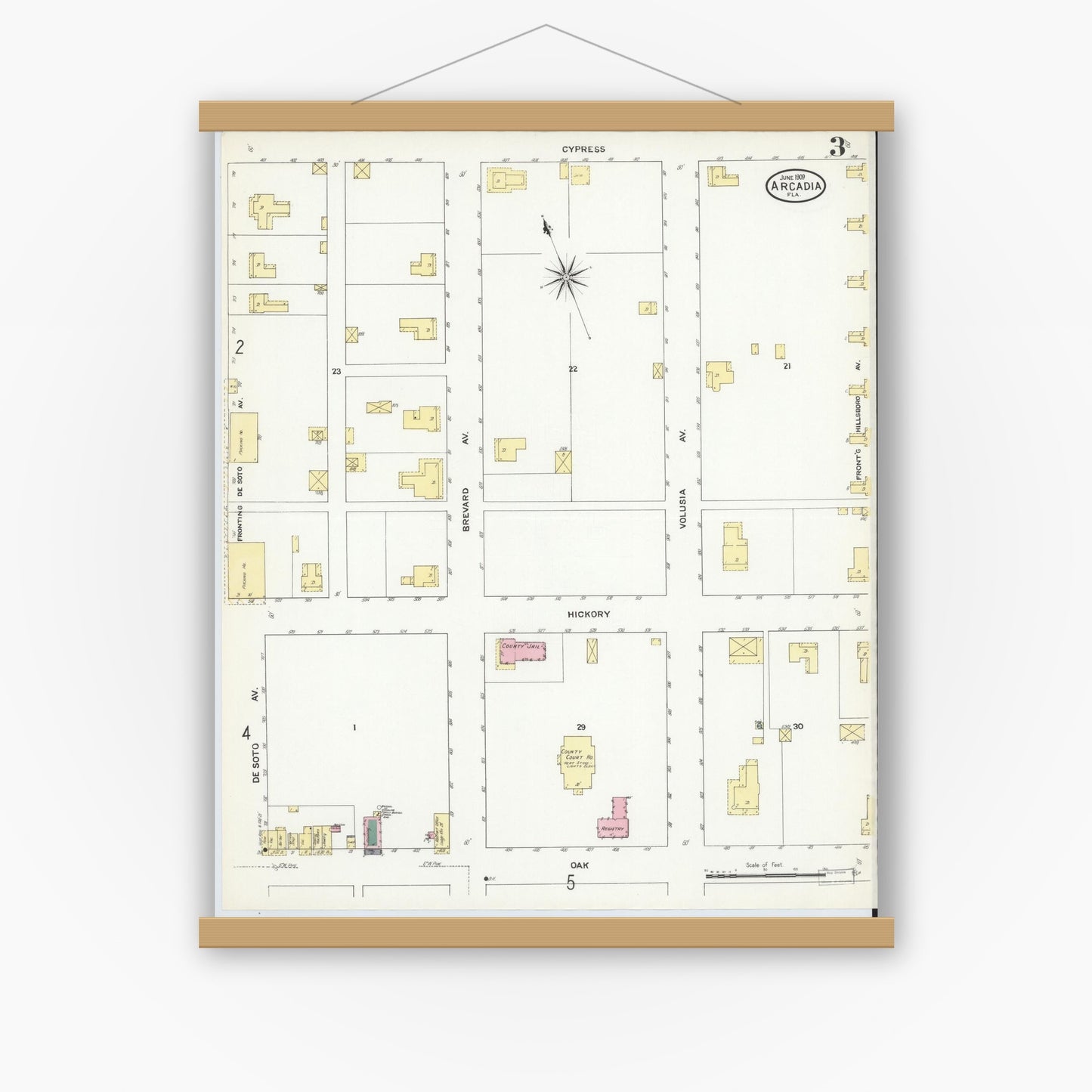 Old map wall art mockup — magnetic wood frame on white wall — Sanborn Fire Insurance Map from Arcadia, DeSoto County, Florida (1909), Sheet #0003