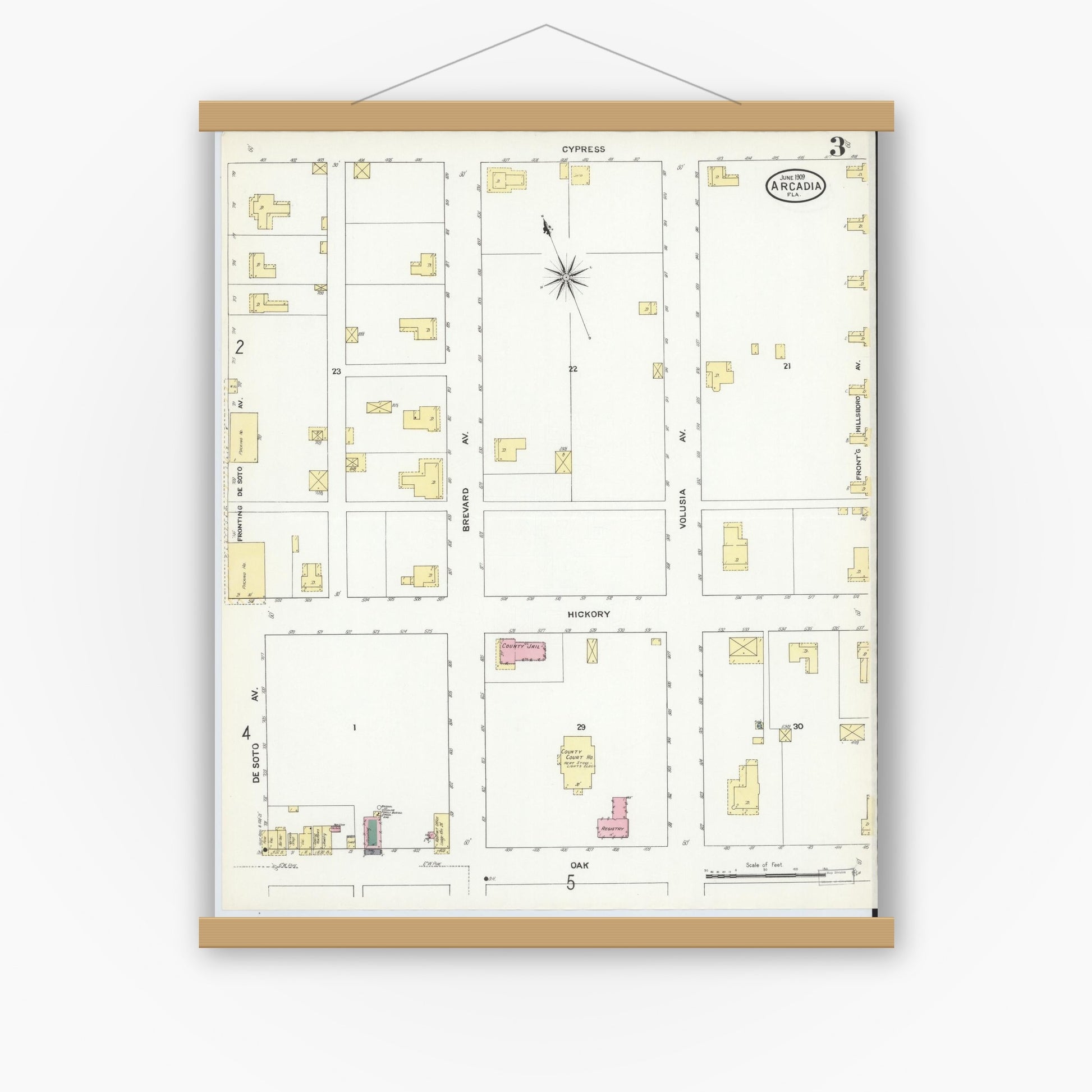Old map wall art mockup — magnetic wood frame on white wall — Sanborn Fire Insurance Map from Arcadia, DeSoto County, Florida (1909), Sheet #0003