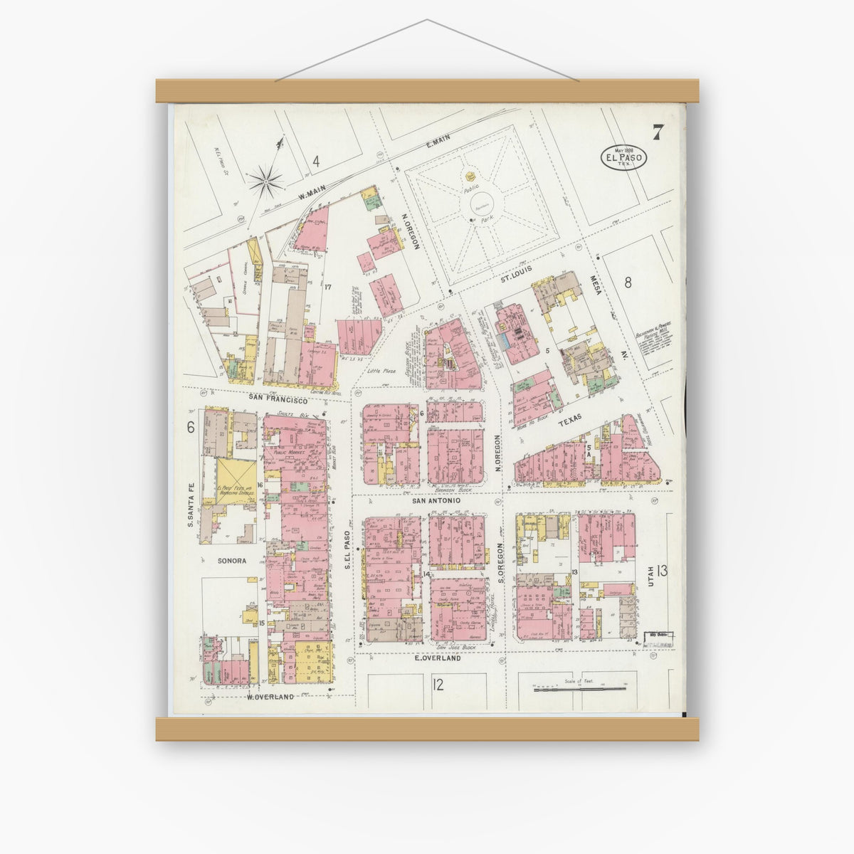 Old map wall art mockup — magnetic wood frame on white wall — Sanborn Fire Insurance Map from El Paso, El Paso County, Texas (1898), Sheet #0007