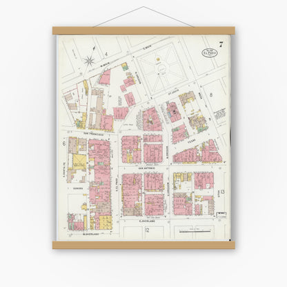 Old map wall art mockup — magnetic wood frame on white wall — Sanborn Fire Insurance Map from El Paso, El Paso County, Texas (1898), Sheet #0007