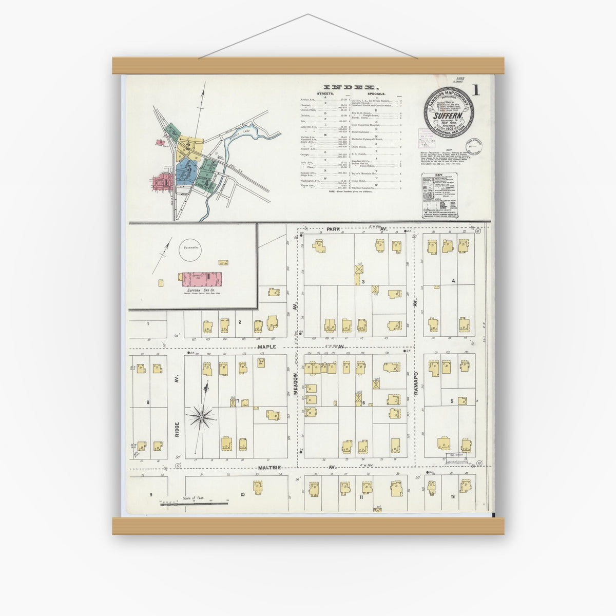 Old map wall art mockup — magnetic wood frame on white wall — Sanborn Fire Insurance Map from Suffern, Rockland County, New York (1902) - Complete Map Set
