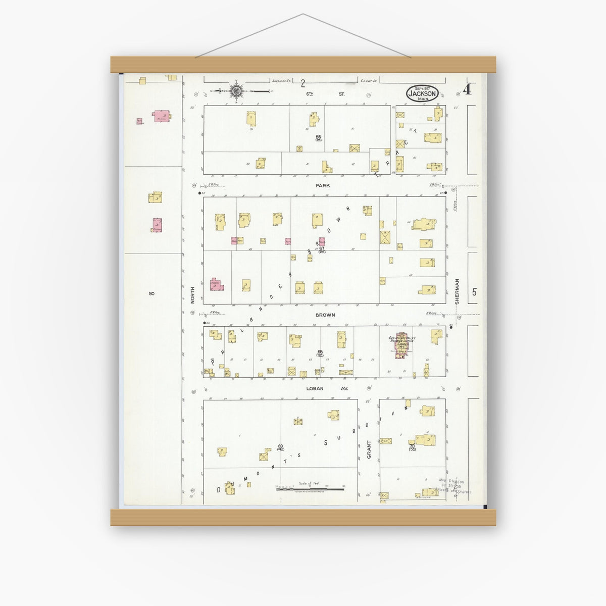 Old map wall art mockup — magnetic wood frame on white wall — Sanborn Fire Insurance Map from Jackson, Jackson County, Minnesota (1917), Sheet #0004