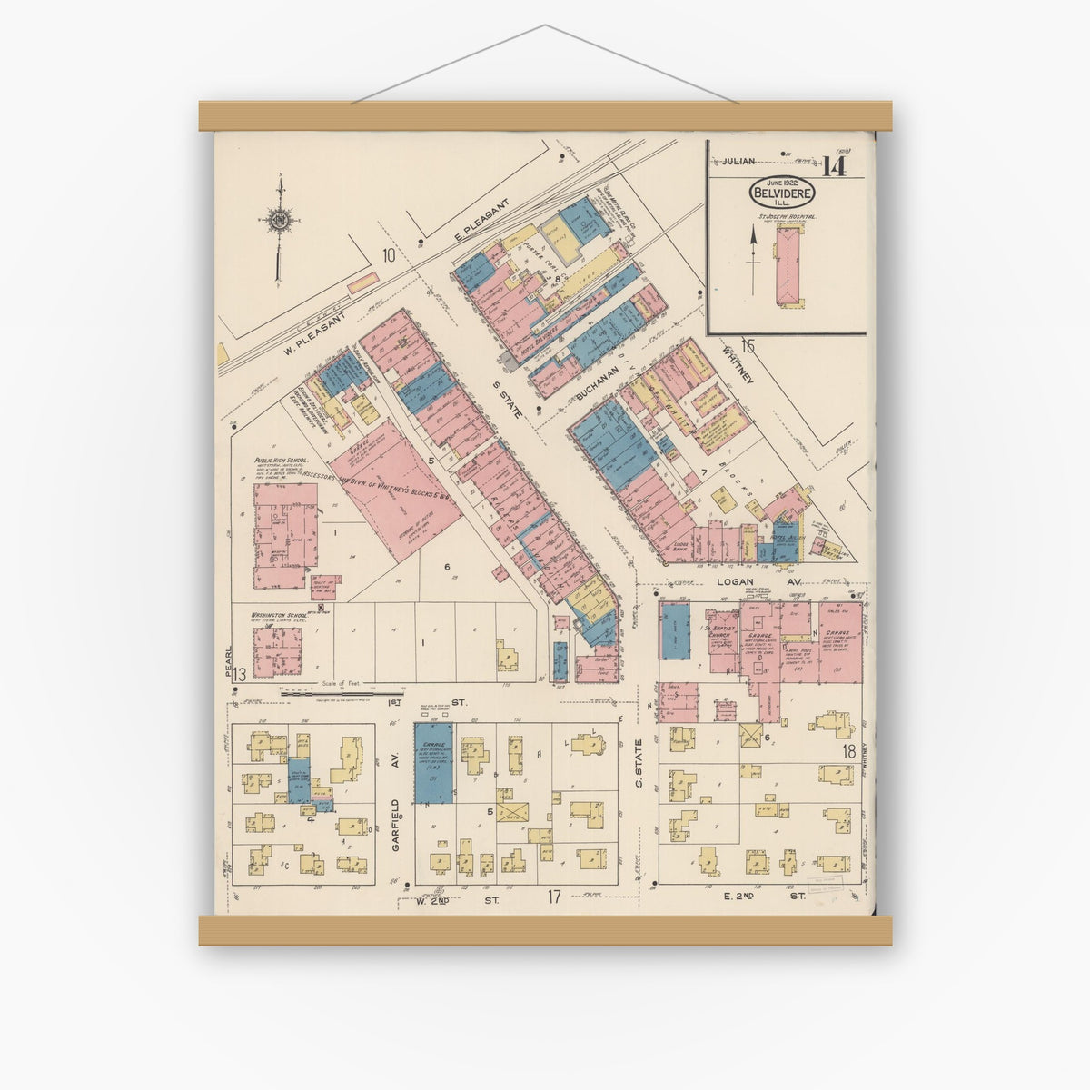 Old map wall art mockup — magnetic wood frame on white wall — Sanborn Fire Insurance Map from Belvidere, Boone County, Illinois (1922), Sheet #0014