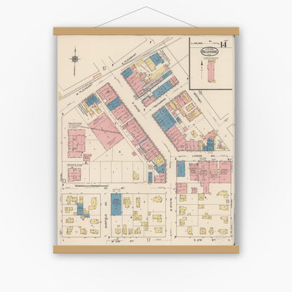 Old map wall art mockup — magnetic wood frame on white wall — Sanborn Fire Insurance Map from Belvidere, Boone County, Illinois (1922), Sheet #0014