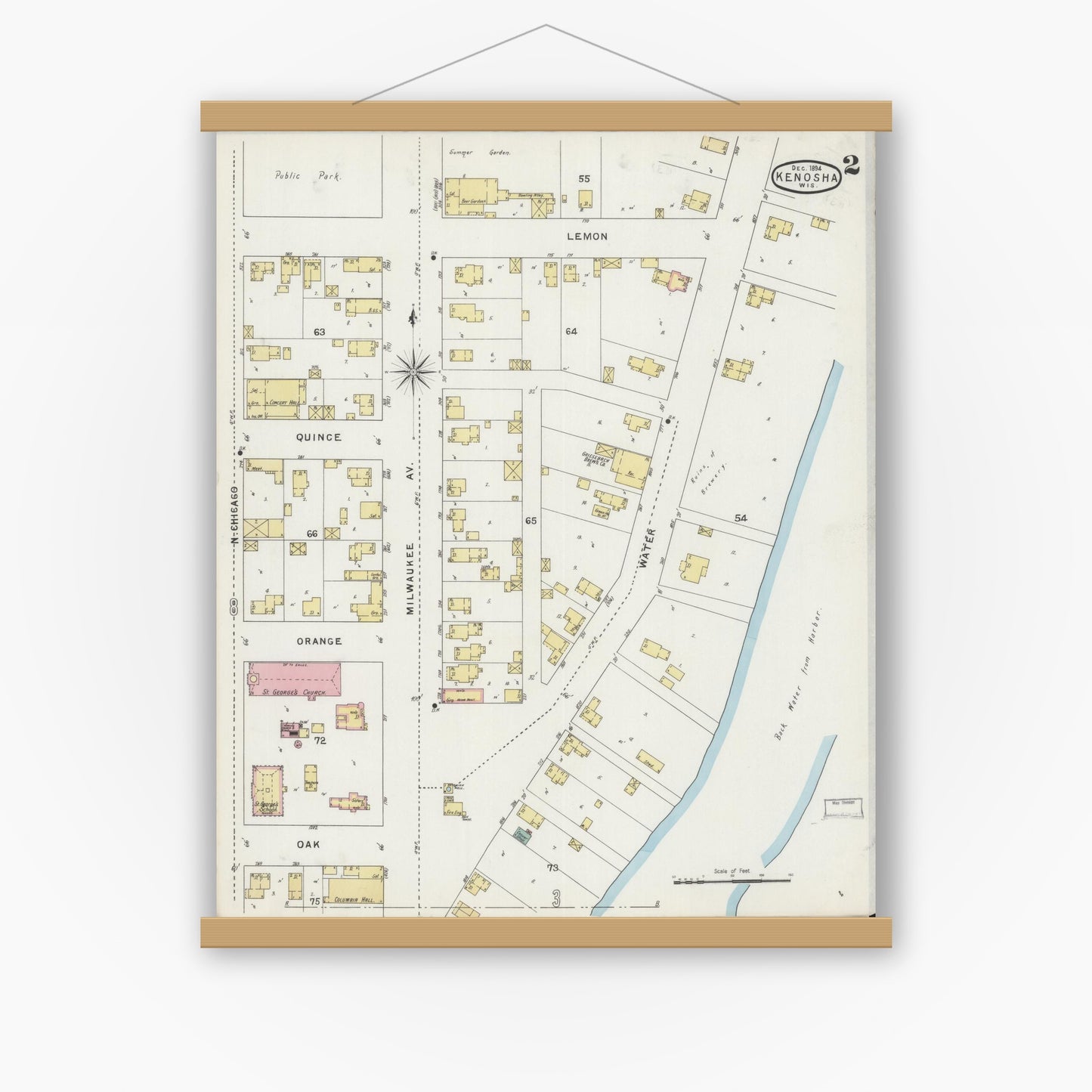 Old map wall art mockup — magnetic wood frame on white wall — Sanborn Fire Insurance Map from Kenosha, Kenosha County, Wisconsin (1894), Sheet #0002