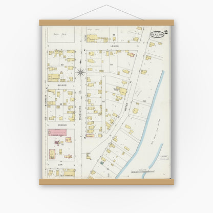 Old map wall art mockup — magnetic wood frame on white wall — Sanborn Fire Insurance Map from Kenosha, Kenosha County, Wisconsin (1894), Sheet #0002
