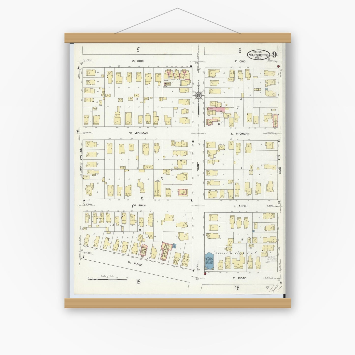 Old map wall art mockup — magnetic wood frame on white wall — Sanborn Fire Insurance Map from Marquette, Marquette County, Michigan (1911), Sheet #0009
