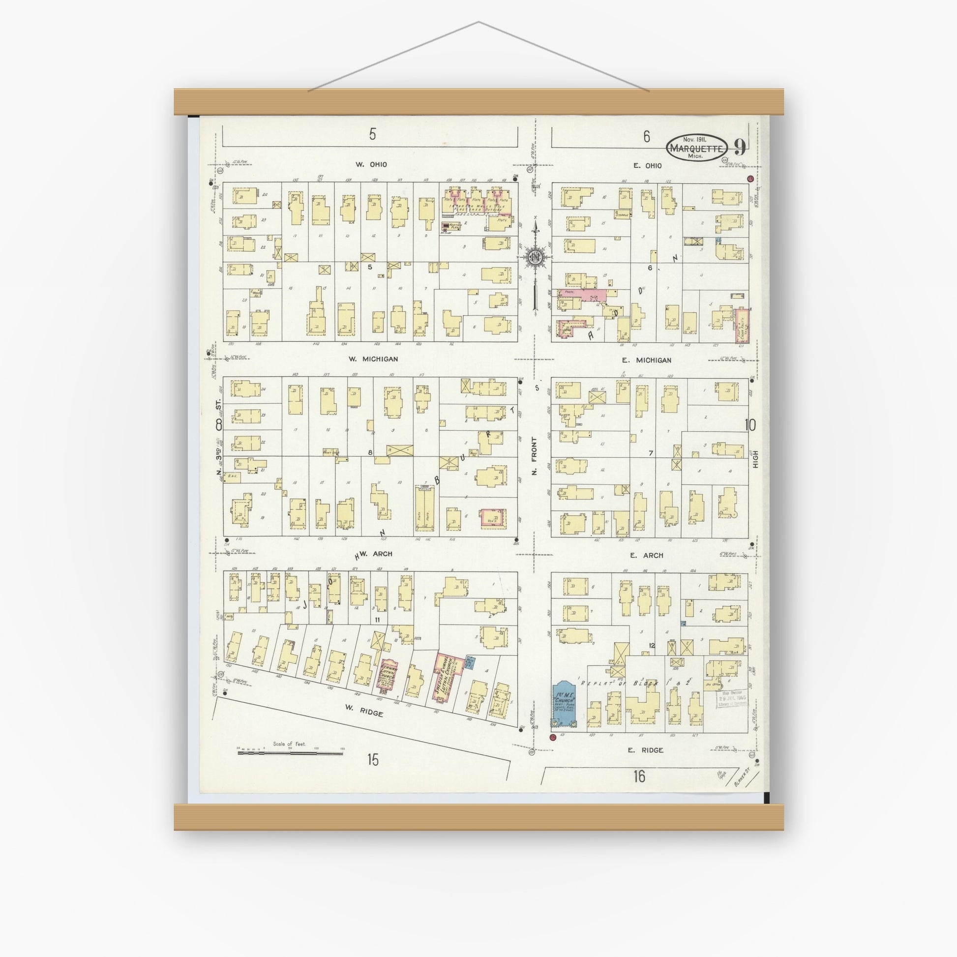 Old map wall art mockup — magnetic wood frame on white wall — Sanborn Fire Insurance Map from Marquette, Marquette County, Michigan (1911), Sheet #0009