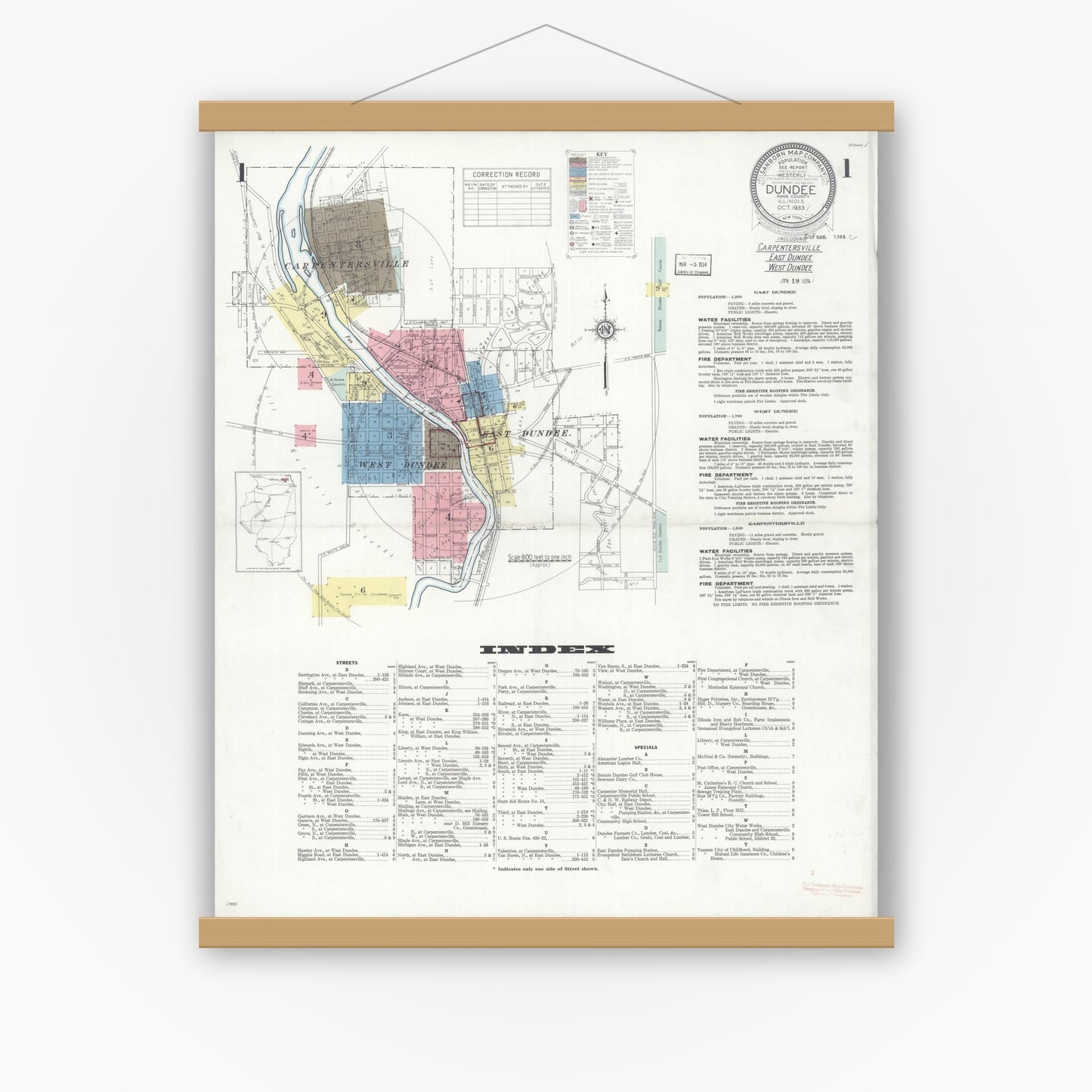 Old map wall art mockup — magnetic wood frame on white wall — Sanborn Fire Insurance Map from Dundee, Kane County, Illinois (1933) - Complete Map Set