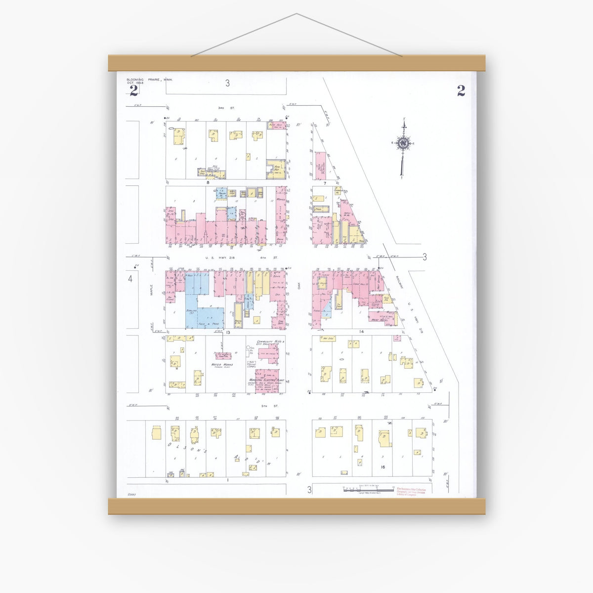 Old map wall art mockup — magnetic wood frame on white wall — Sanborn Fire Insurance Map from Blooming Prairie, Steele County, Minnesota (1948), Sheet #0002
