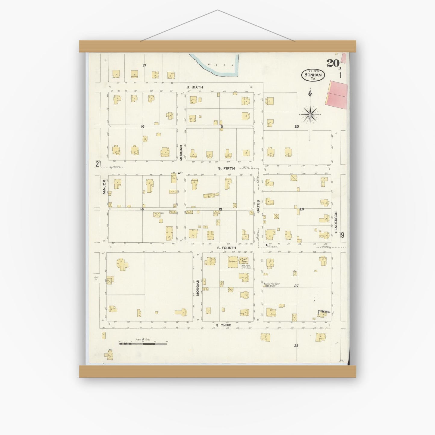 Old map wall art mockup — magnetic wood frame on white wall — Sanborn Fire Insurance Map from Bonham, Fannin County, Texas (1909), Sheet #0020
