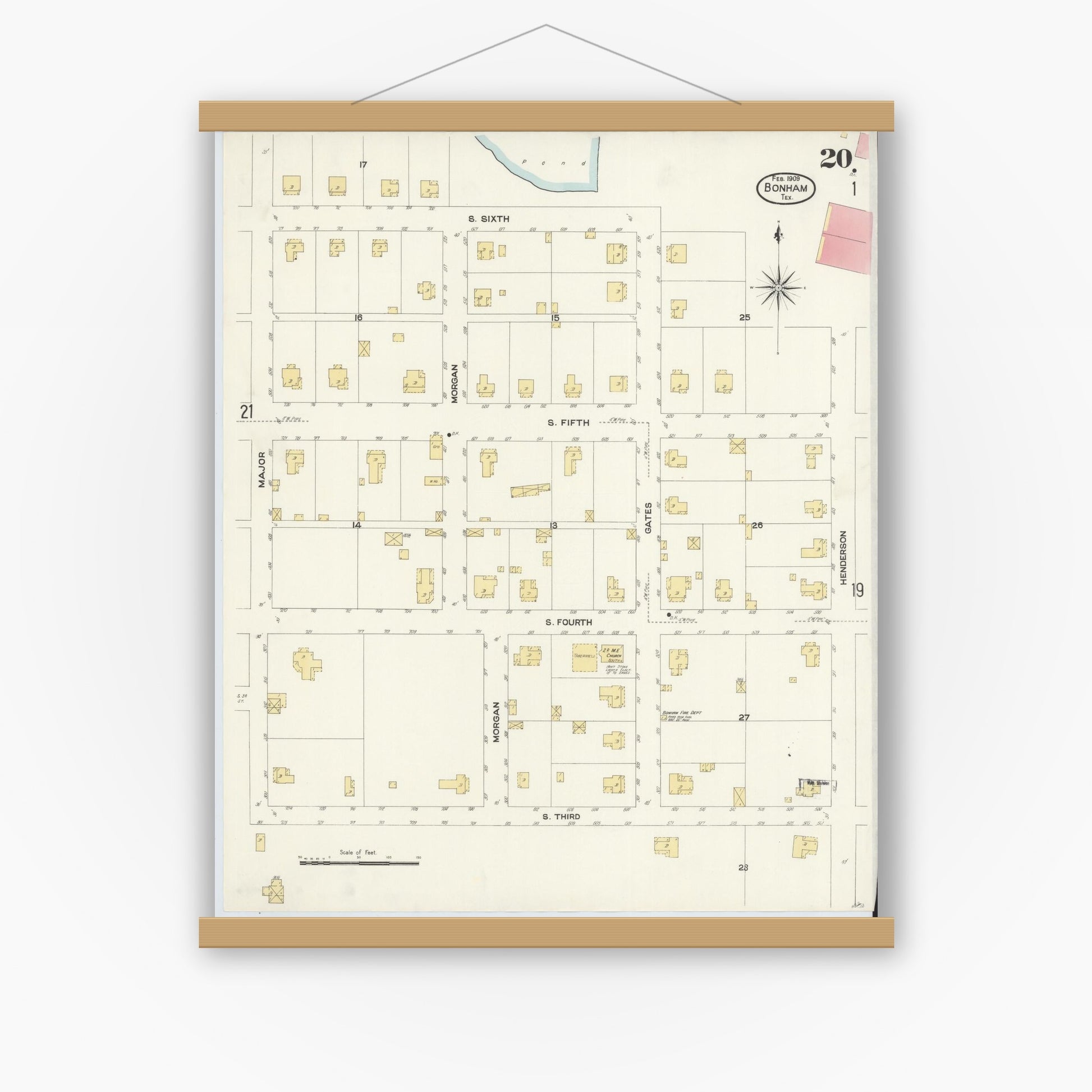 Old map wall art mockup — magnetic wood frame on white wall — Sanborn Fire Insurance Map from Bonham, Fannin County, Texas (1909), Sheet #0020