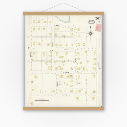 Old map wall art mockup — magnetic wood frame on white wall — Sanborn Fire Insurance Map from Bonham, Fannin County, Texas (1909), Sheet #0020
