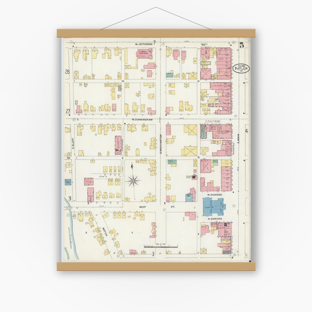 Old map wall art mockup — magnetic wood frame on white wall — Sanborn Fire Insurance Map from Butler, Butler County, Pennsylvania (1906), Sheet #0005
