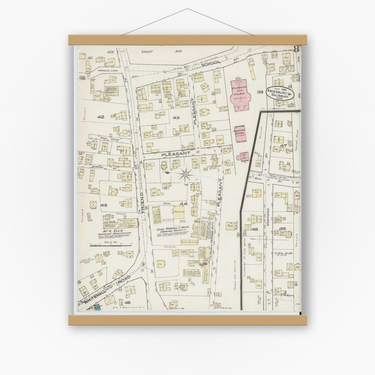 Old map wall art mockup — magnetic wood frame on white wall — Sanborn Fire Insurance Map from Amesbury, Essex County, Massachusetts (1885), Sheet #0008