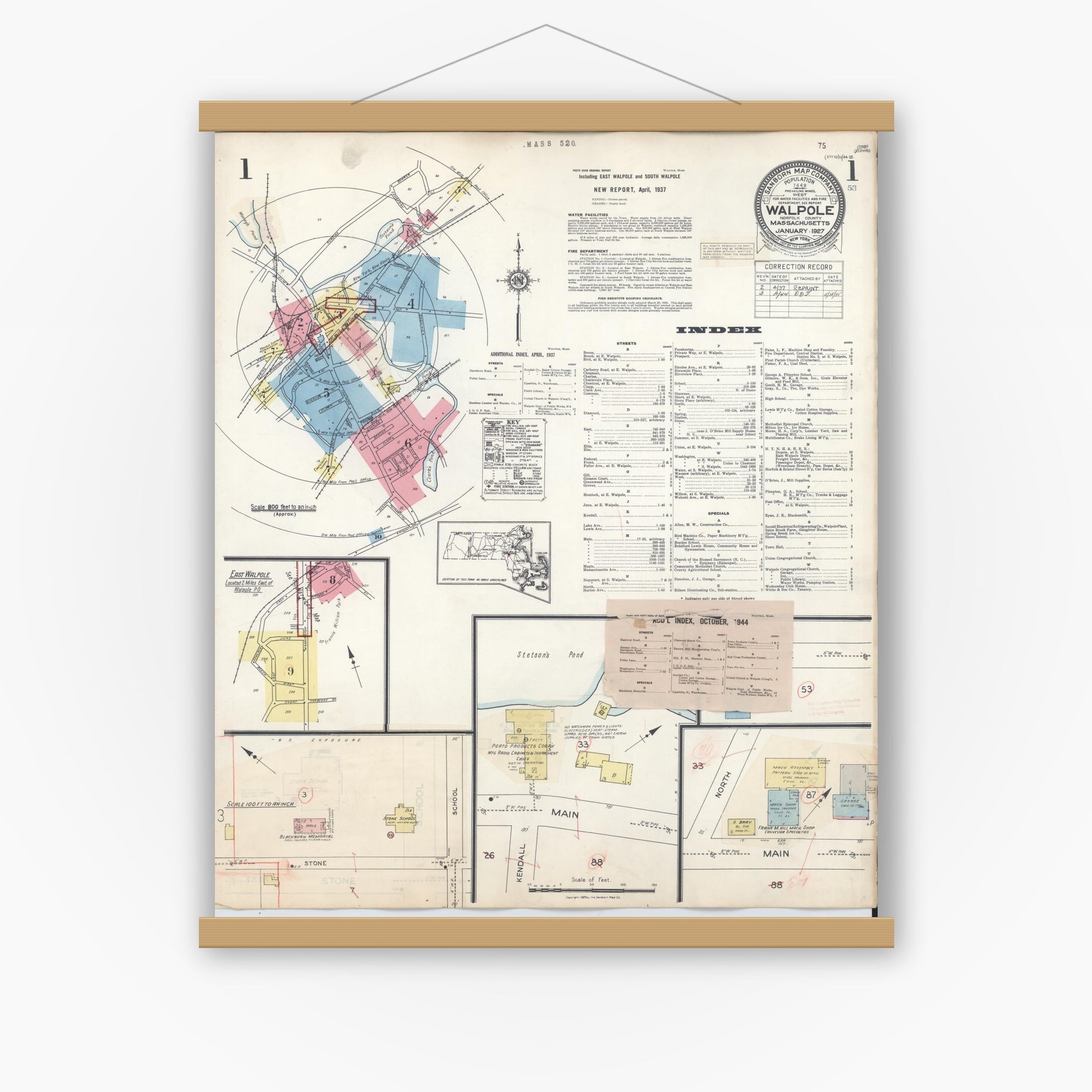 Old map wall art mockup — magnetic wood frame on white wall — Sanborn Fire Insurance Map from Walpole, Norfolk County, Massachusetts (1944), Sheet #0001