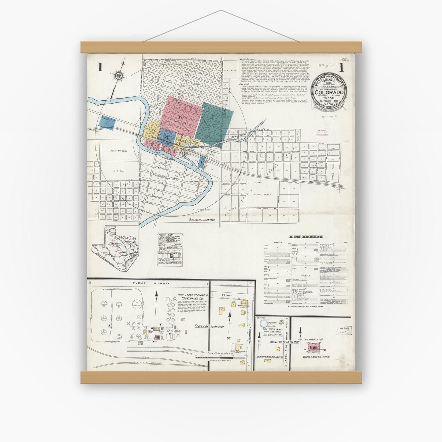 Old map wall art mockup — magnetic wood frame on white wall — Sanborn Fire Insurance Map from Colorado, Mitchell County, Texas (1925), Sheet #0001
