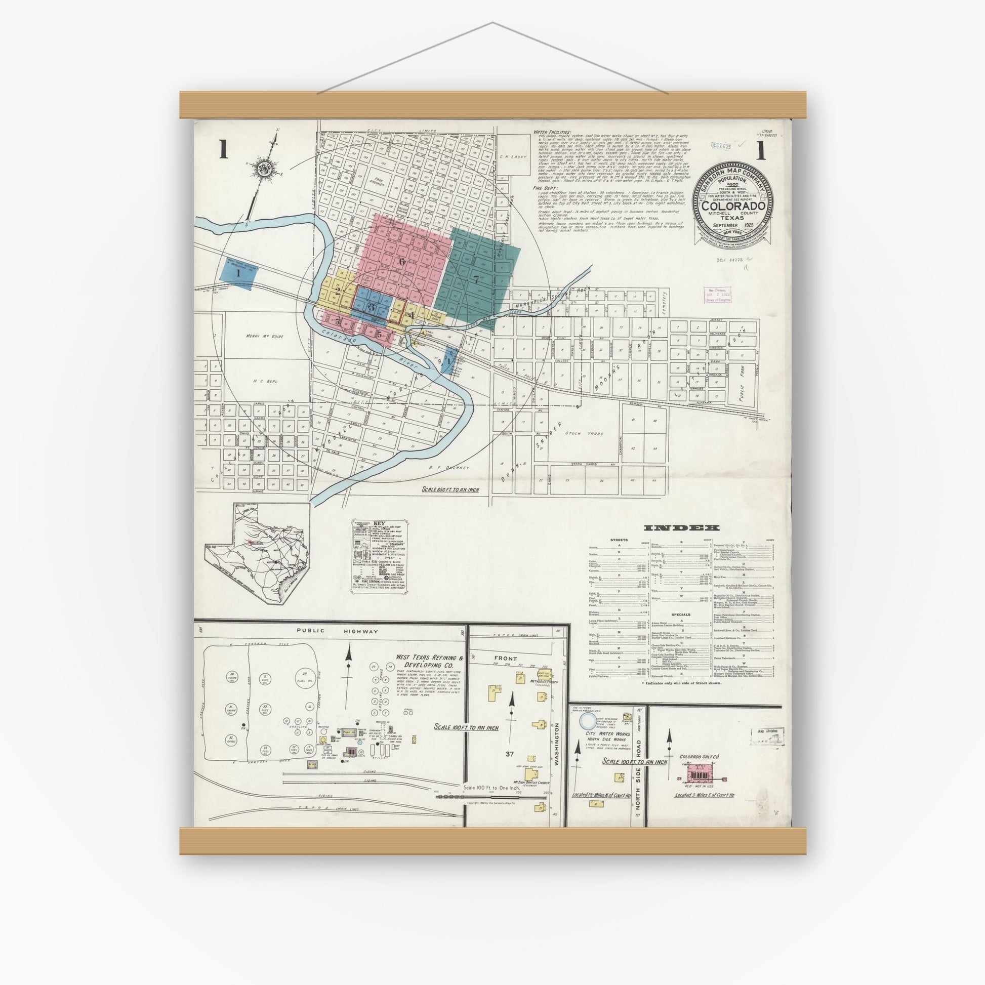 Old map wall art mockup — magnetic wood frame on white wall — Sanborn Fire Insurance Map from Colorado, Mitchell County, Texas (1925), Sheet #0001