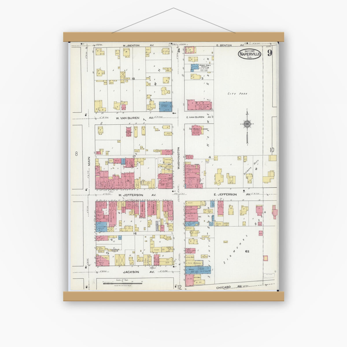 Old map wall art mockup — magnetic wood frame on white wall — Sanborn Fire Insurance Map from Naperville, Du Page County, Illinois (1921), Sheet #0009
