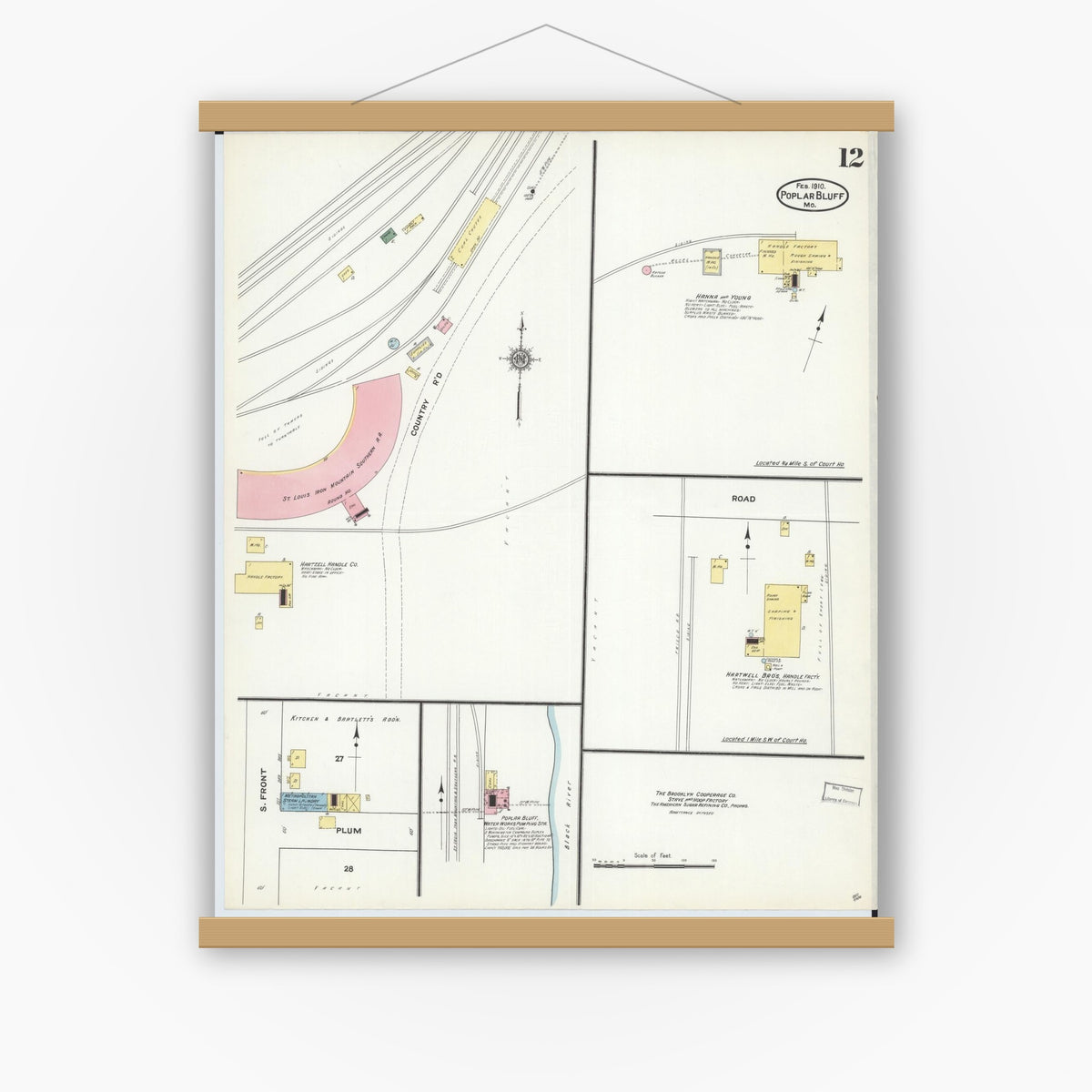 Old map wall art mockup — magnetic wood frame on white wall — Sanborn Fire Insurance Map from Poplar Bluff, Butler County, Missouri (1910), Sheet #0012