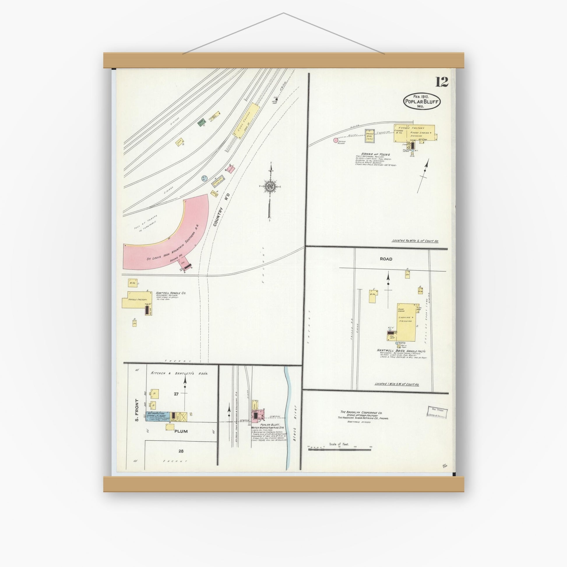 Old map wall art mockup — magnetic wood frame on white wall — Sanborn Fire Insurance Map from Poplar Bluff, Butler County, Missouri (1910), Sheet #0012
