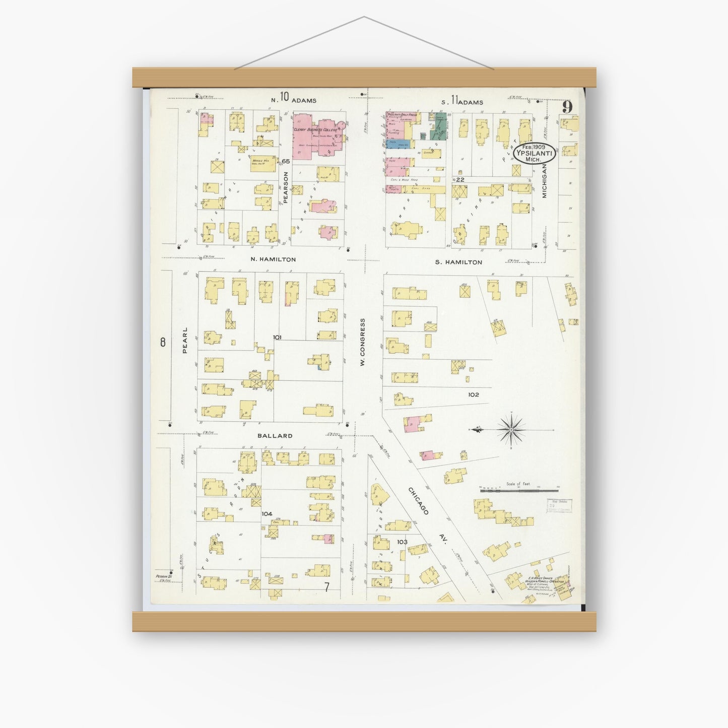 Old map wall art mockup — magnetic wood frame on white wall — Sanborn Fire Insurance Map from Ypsilanti, Washtenaw County, Michigan (1909), Sheet #0009