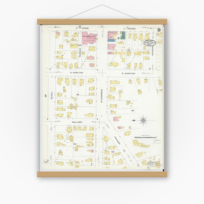 Old map wall art mockup — magnetic wood frame on white wall — Sanborn Fire Insurance Map from Ypsilanti, Washtenaw County, Michigan (1909), Sheet #0009