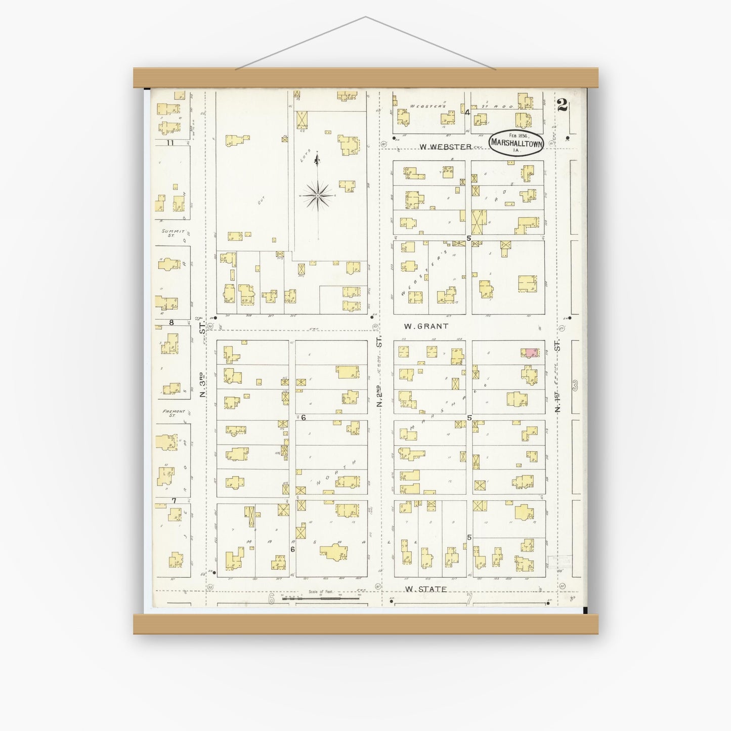 Old map wall art mockup — magnetic wood frame on white wall — Sanborn Fire Insurance Map from Marshalltown, Marshall County, Iowa (1894), Sheet #0002