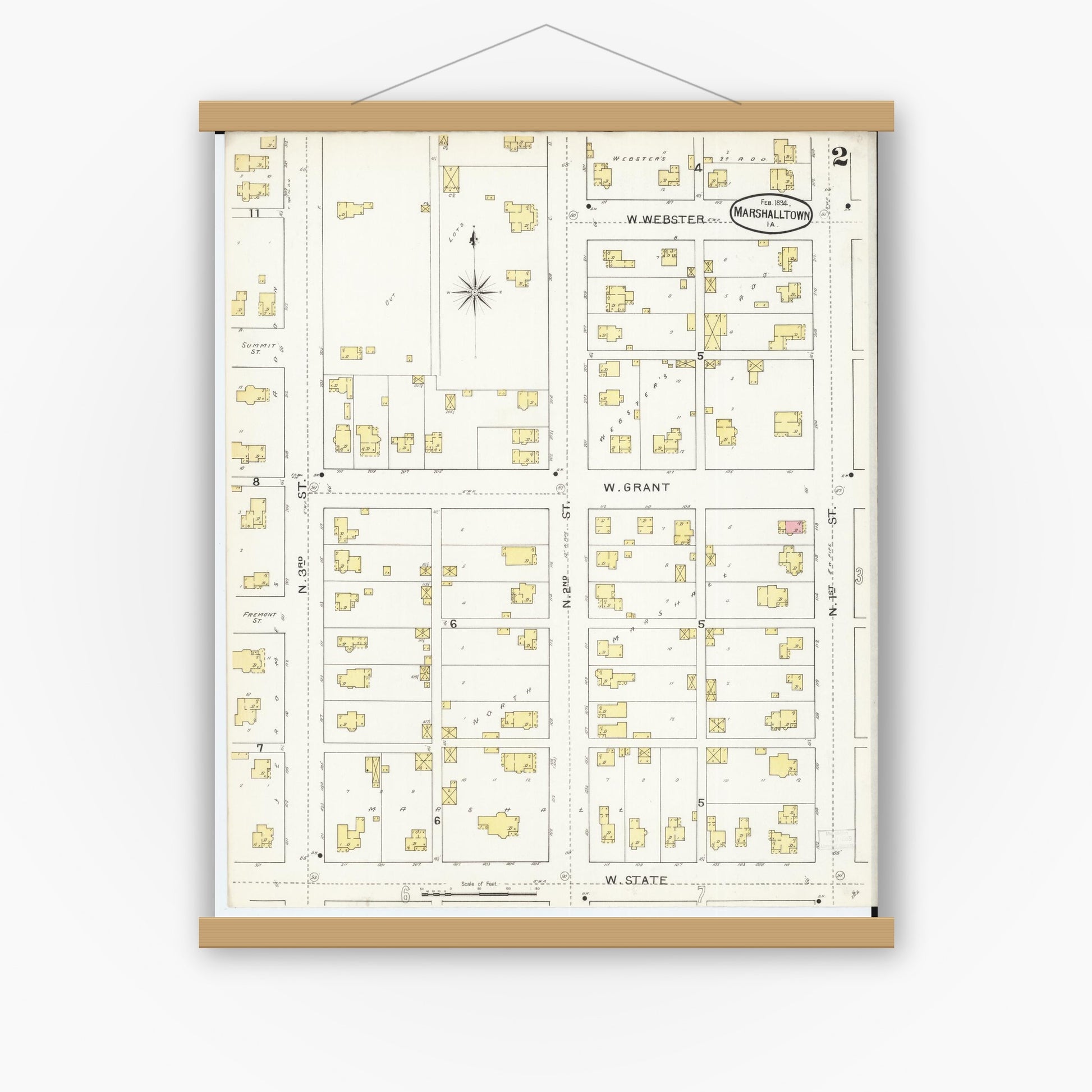 Old map wall art mockup — magnetic wood frame on white wall — Sanborn Fire Insurance Map from Marshalltown, Marshall County, Iowa (1894), Sheet #0002