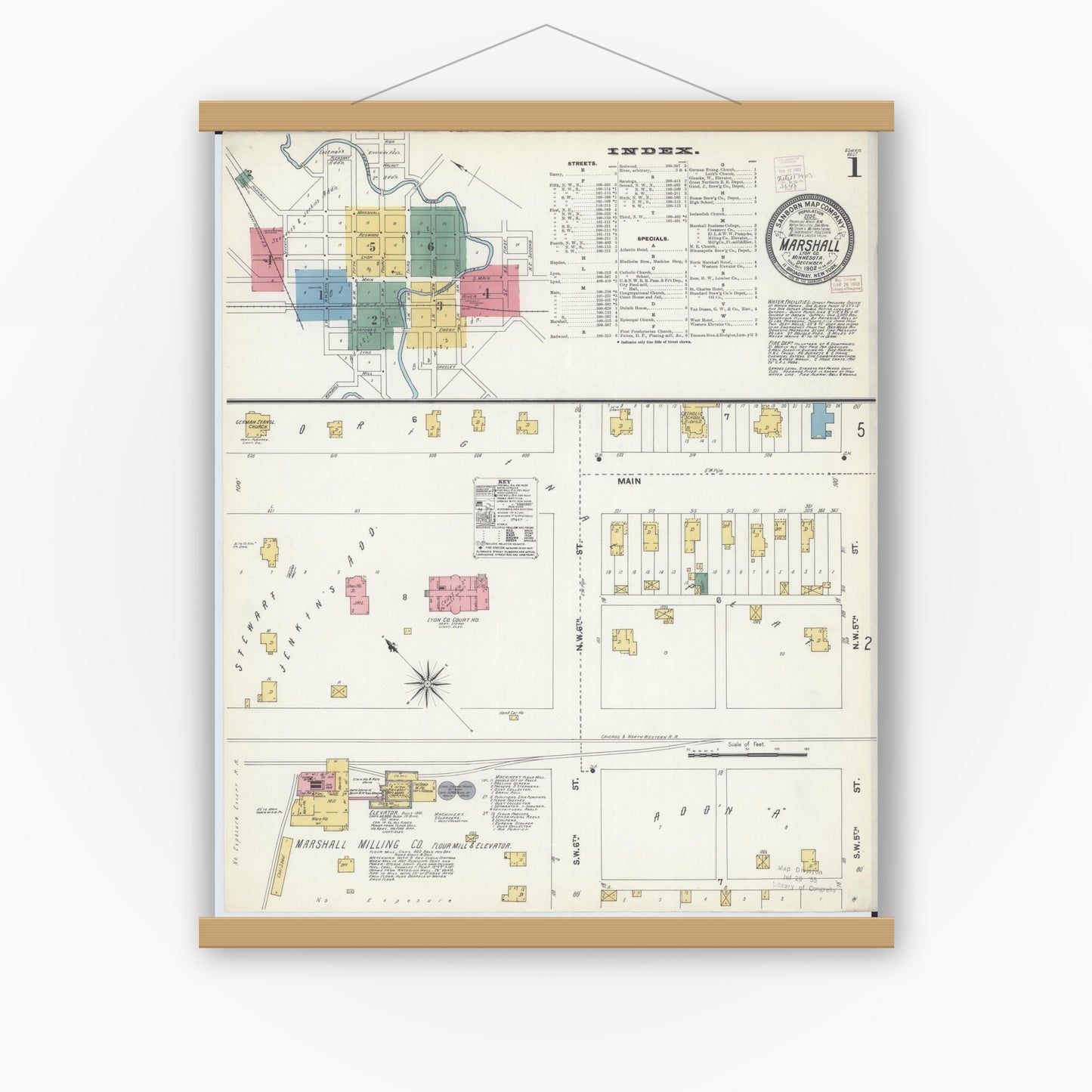 Old map wall art mockup — magnetic wood frame on white wall — Sanborn Fire Insurance Map from Marshall, Lyon County, Minnesota (1902), Sheet #0001