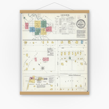 Old map wall art mockup — magnetic wood frame on white wall — Sanborn Fire Insurance Map from Marshall, Lyon County, Minnesota (1902), Sheet #0001