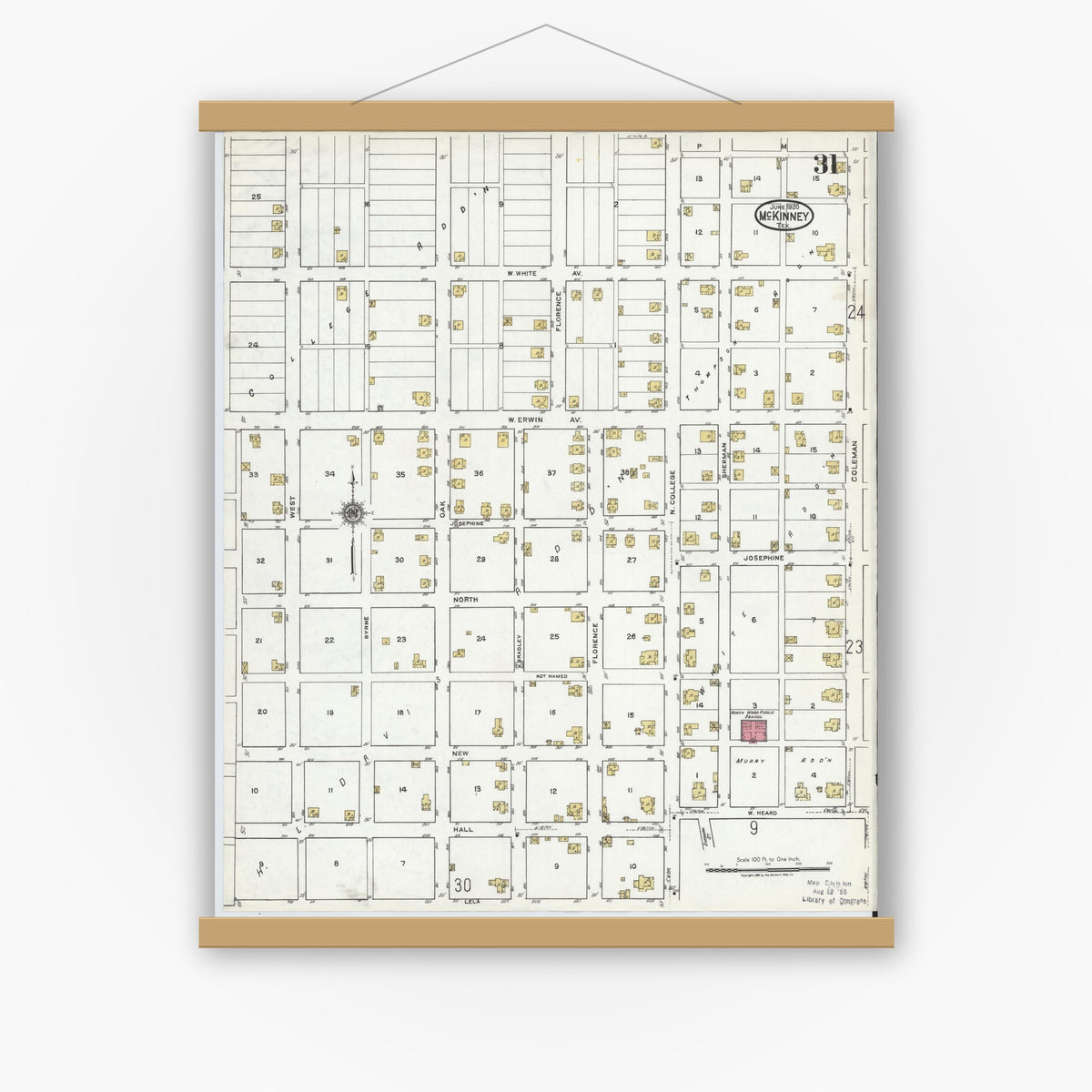 Old map wall art mockup — magnetic wood frame on white wall — Sanborn Fire Insurance Map from McKinney, Collin County, Texas (1920), Sheet #0031
