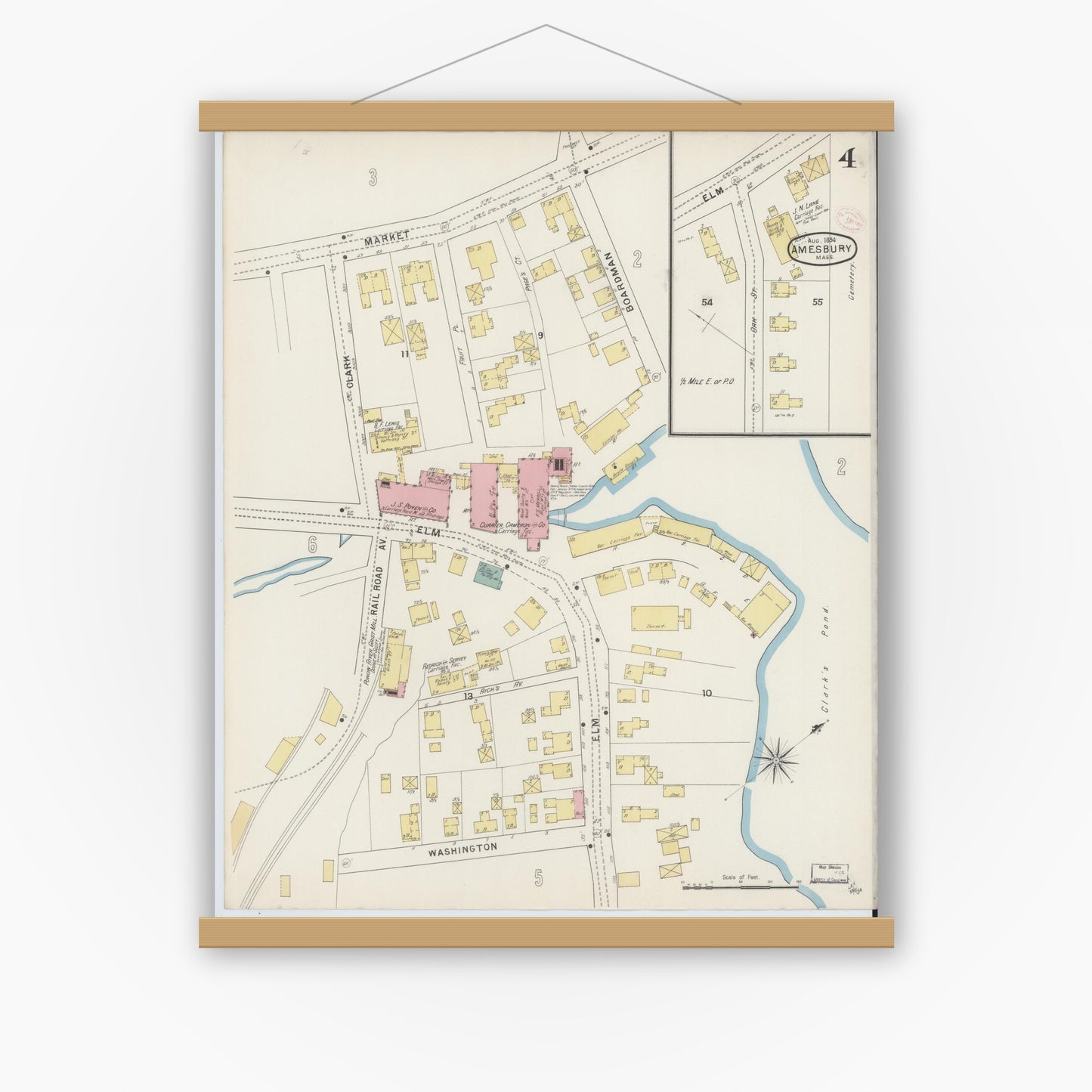 Old map wall art mockup — magnetic wood frame on white wall — Sanborn Fire Insurance Map from Amesbury, Essex County, Massachusetts (1894), Sheet #0004