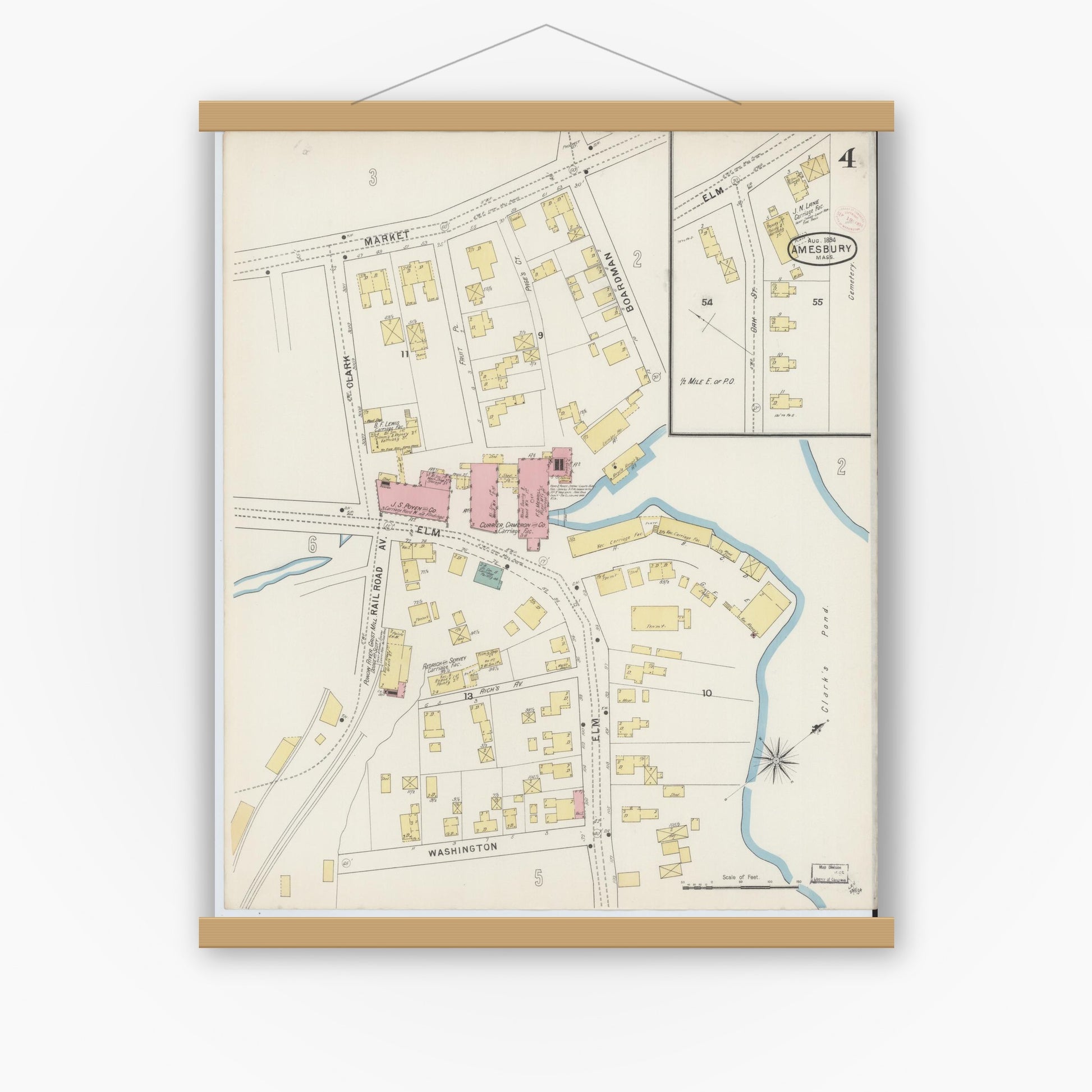 Old map wall art mockup — magnetic wood frame on white wall — Sanborn Fire Insurance Map from Amesbury, Essex County, Massachusetts (1894), Sheet #0004