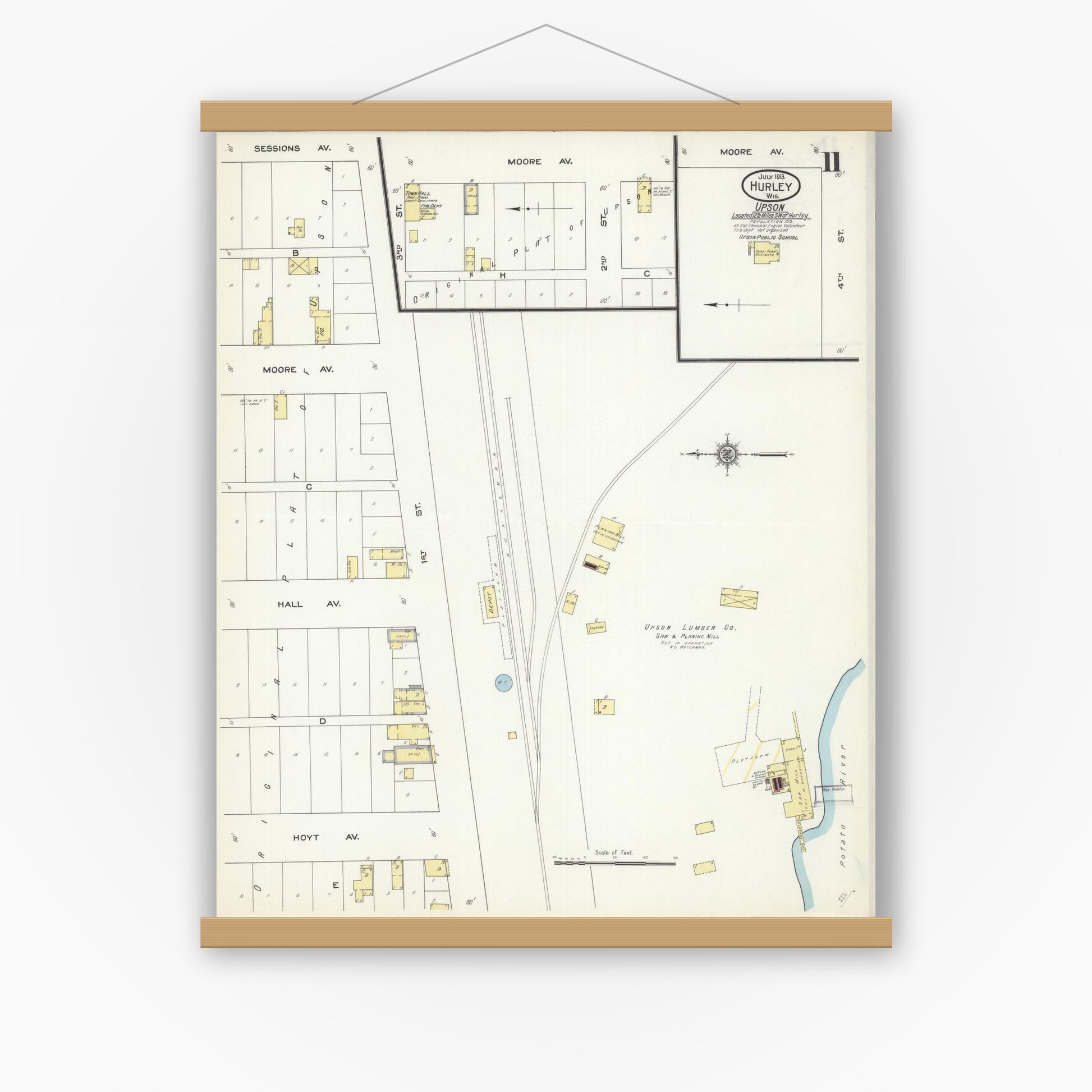 Old map wall art mockup — magnetic wood frame on white wall — Sanborn Fire Insurance Map from Hurley, Iron County, Wisconsin (1913), Sheet #0011