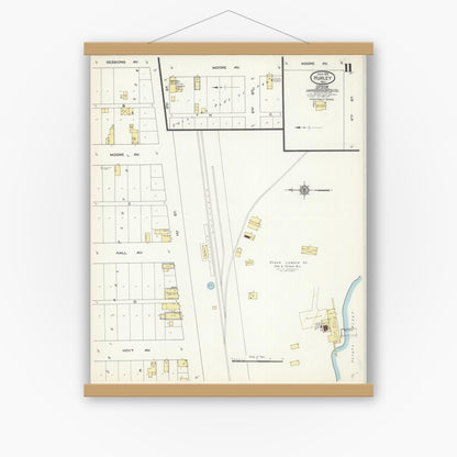 Old map wall art mockup — magnetic wood frame on white wall — Sanborn Fire Insurance Map from Hurley, Iron County, Wisconsin (1913), Sheet #0011