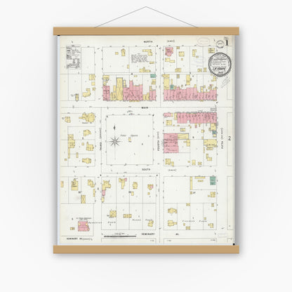 Old map wall art mockup — magnetic wood frame on white wall — Sanborn Fire Insurance Map from La Harpe, Hancock County, Illinois (1898), Sheet #0001