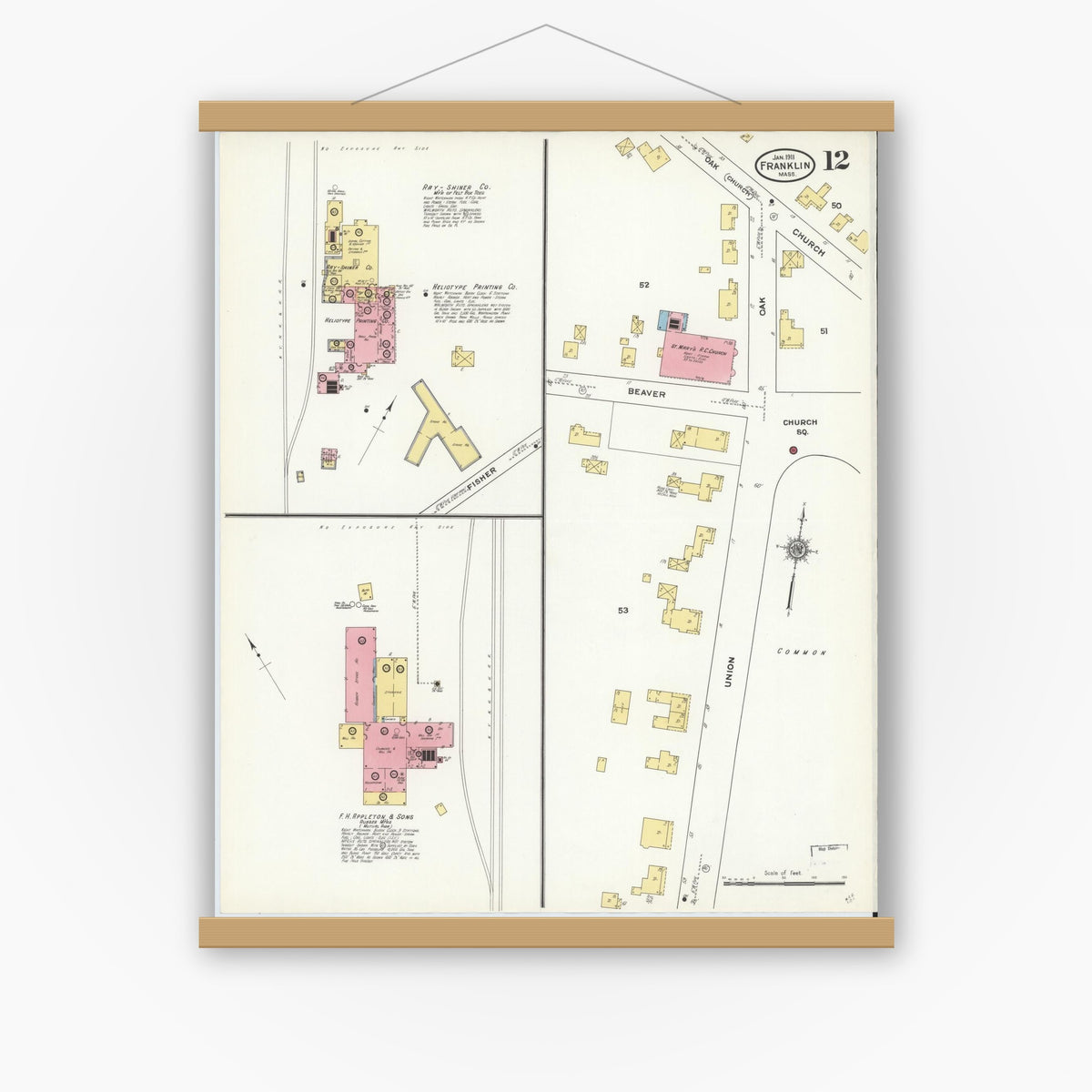 Old map wall art mockup — magnetic wood frame on white wall — Sanborn Fire Insurance Map from Franklin, Norfolk County, Massachusetts (1911), Sheet #0012