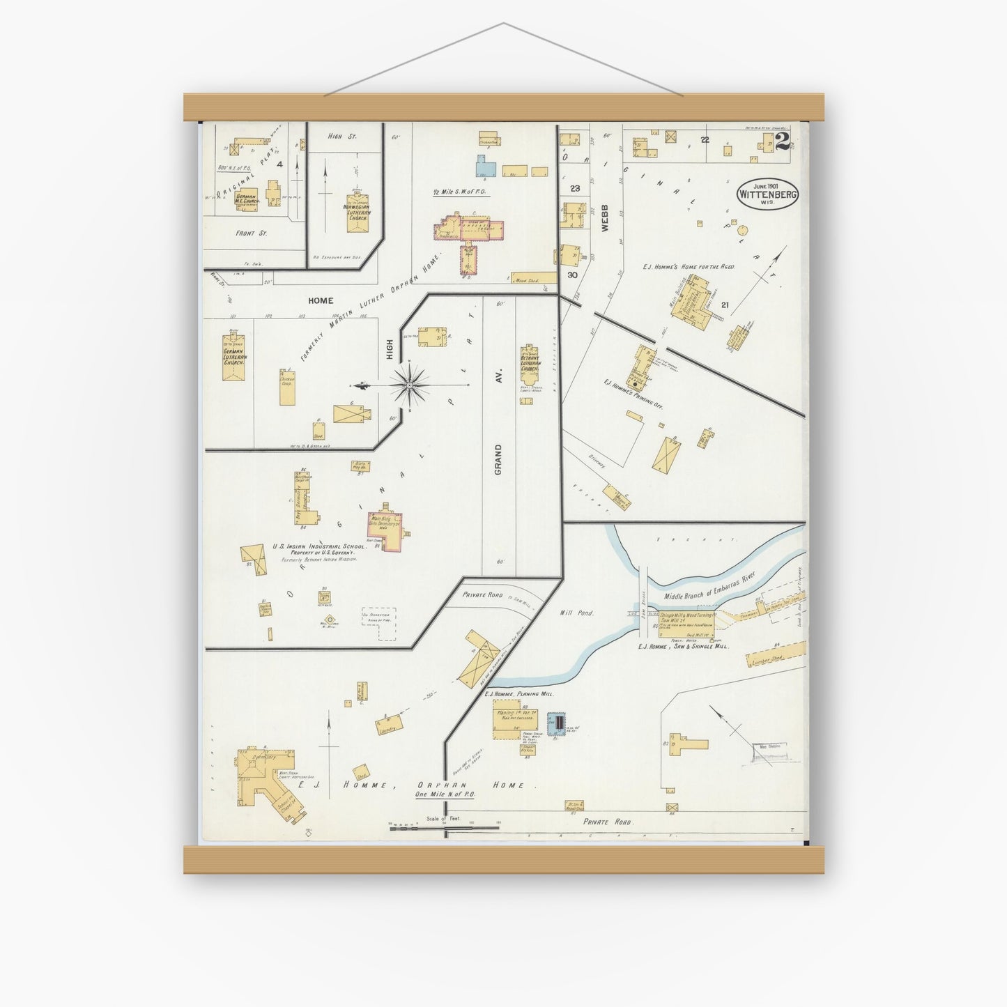 Old map wall art mockup — magnetic wood frame on white wall — Sanborn Fire Insurance Map from Wittenberg, Shawano County, Wisconsin (1901), Sheet #0002