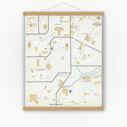 Old map wall art mockup — magnetic wood frame on white wall — Sanborn Fire Insurance Map from Wittenberg, Shawano County, Wisconsin (1901), Sheet #0002