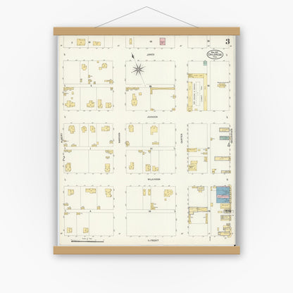 Old map wall art mockup — magnetic wood frame on white wall — Sanborn Fire Insurance Map from Childress, Childress County, Texas (1907), Sheet #0003