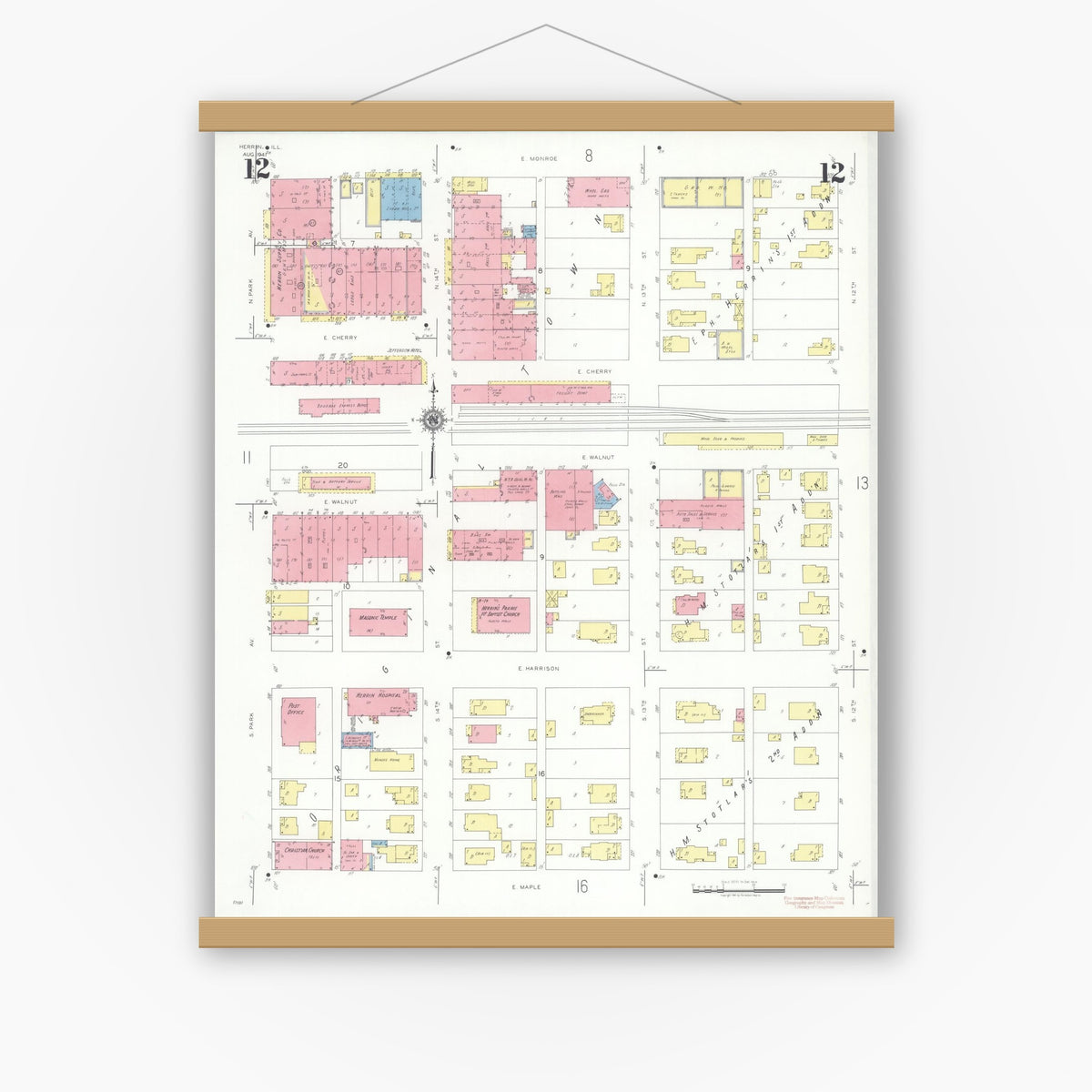Old map wall art mockup — magnetic wood frame on white wall — Sanborn Fire Insurance Map from Herrin, Williamson County, Illinois (1941), Sheet #0012