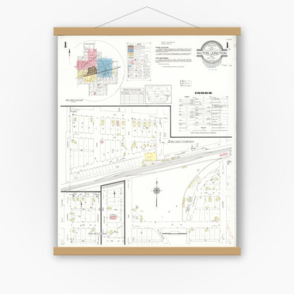 Old map wall art mockup — magnetic wood frame on white wall — Sanborn Fire Insurance Map from Wilton Junction, Muscatine County, Iowa (1939), Sheet #0001