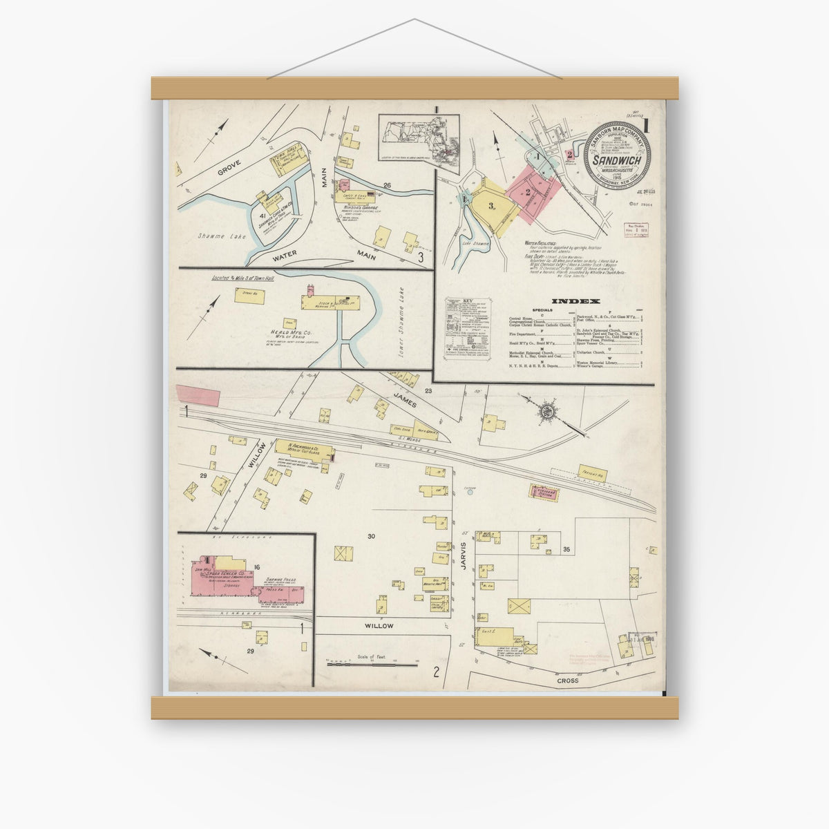 Old map wall art mockup — magnetic wood frame on white wall — Sanborn Fire Insurance Map from Sandwich, Barnstable County, Massachusetts (1915) - Complete Map Set