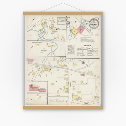 Old map wall art mockup — magnetic wood frame on white wall — Sanborn Fire Insurance Map from Sandwich, Barnstable County, Massachusetts (1915) - Complete Map Set