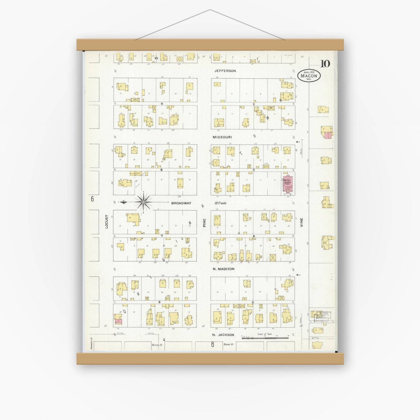 Old map wall art mockup — magnetic wood frame on white wall — Sanborn Fire Insurance Map from Macon, Macon County, Missouri (1909), Sheet #0010